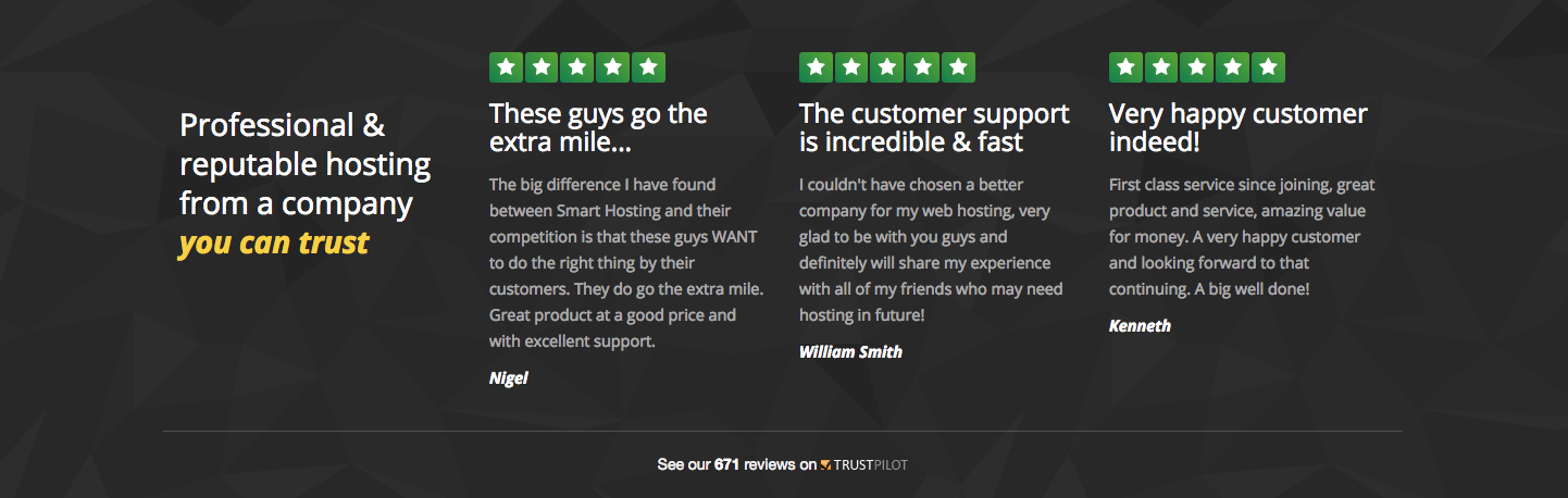 Smart Web Hosting showcases reviews on its homepage